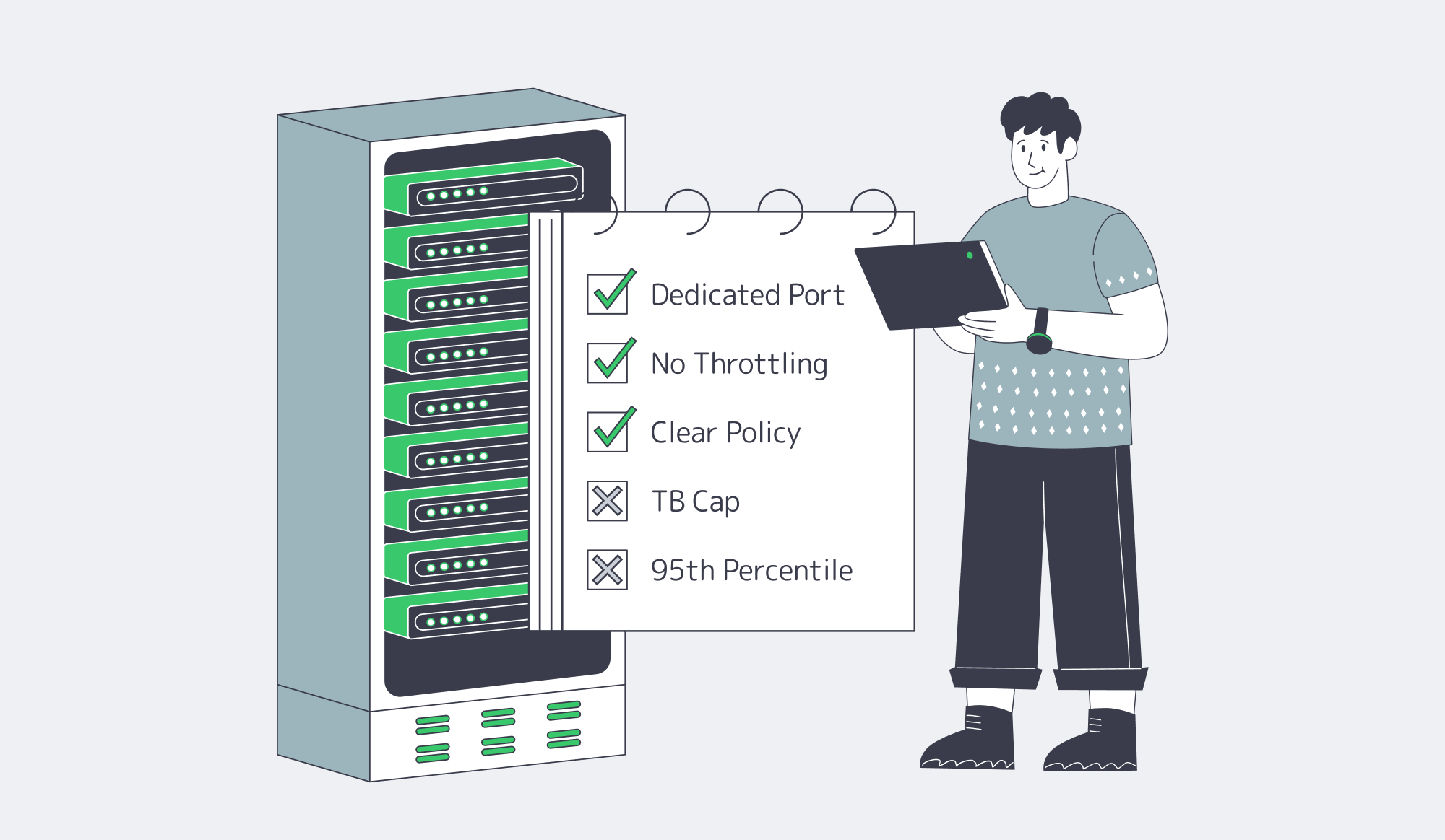 Sysadmin reviewing checklist of criteria for true unmetered dedicated server plans